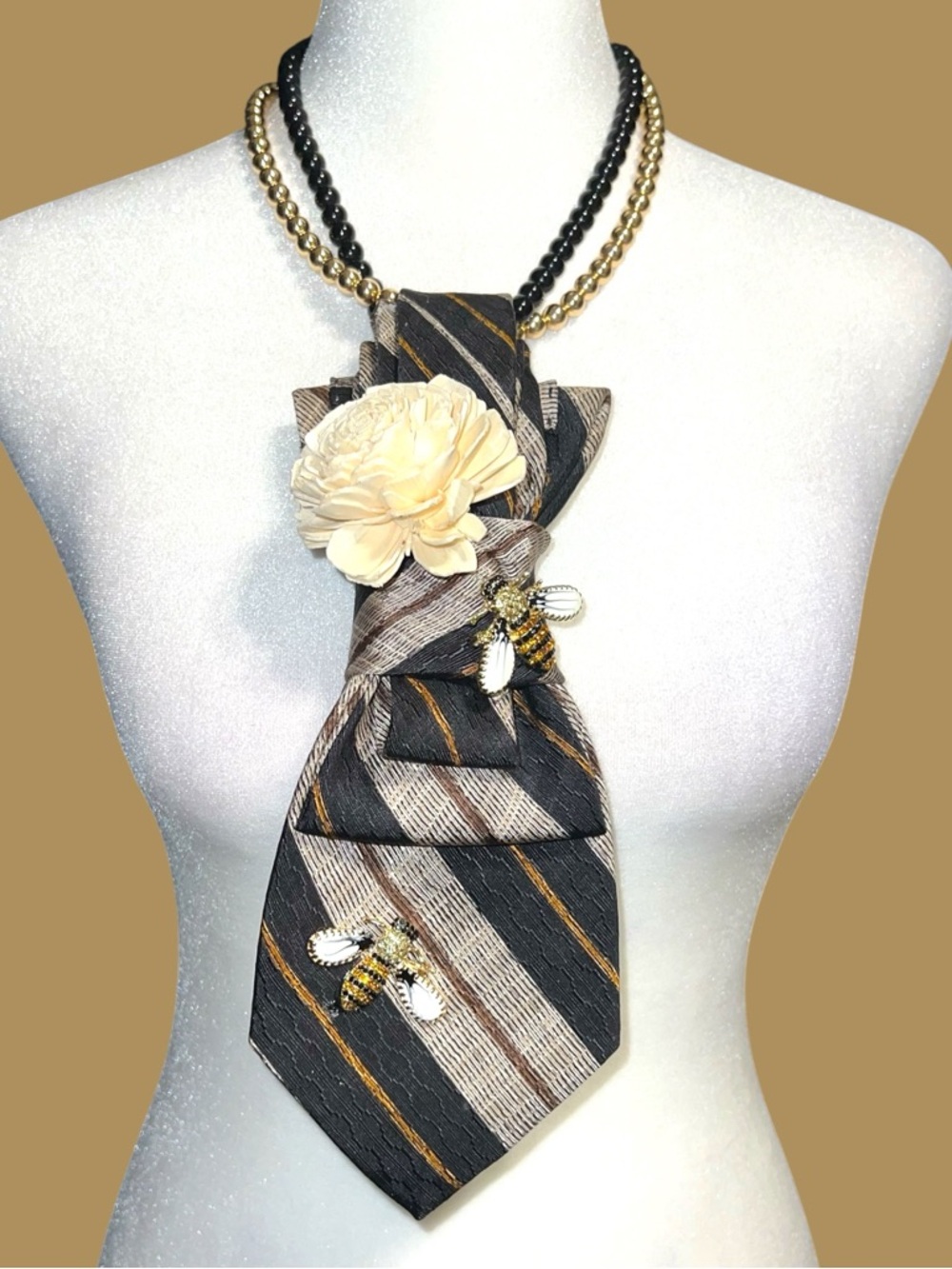Handmade Striped Black and Taupe Statement Tie Necklace with Cream Flower